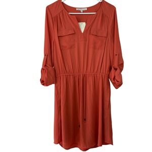 Daniel Rainn Orange Waist Drawstring Shirt Dress Medium Long Sleeve Roll Tab NWT